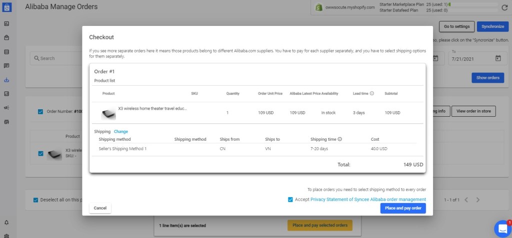 Syncee Alibaba order checkout