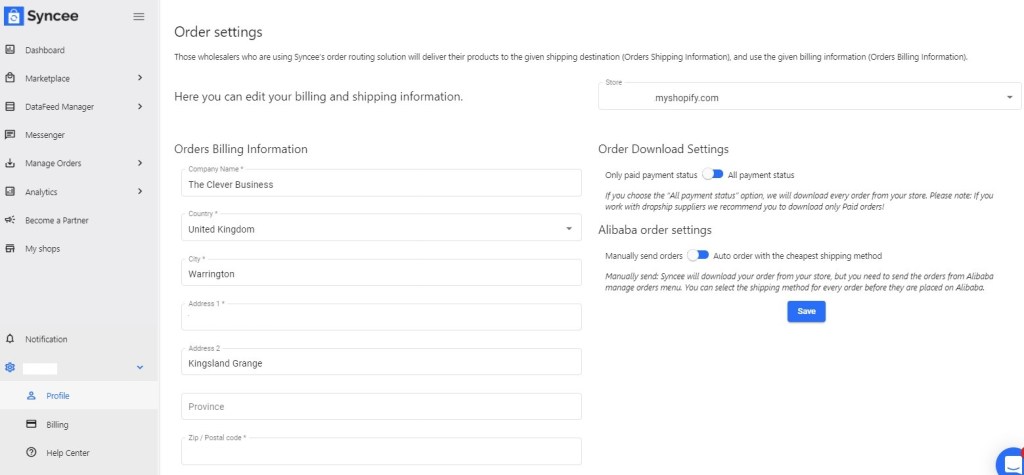 Syncee order settings