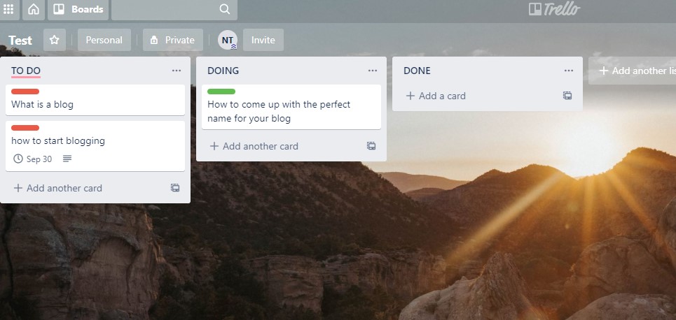 Trello blogging board