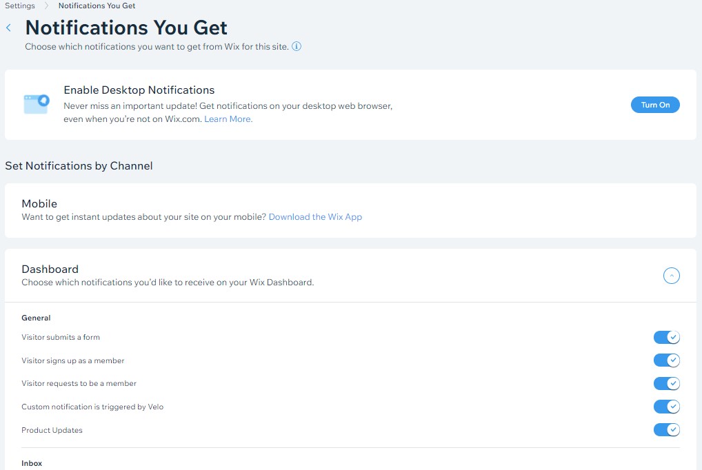 Wix dashboard notifications