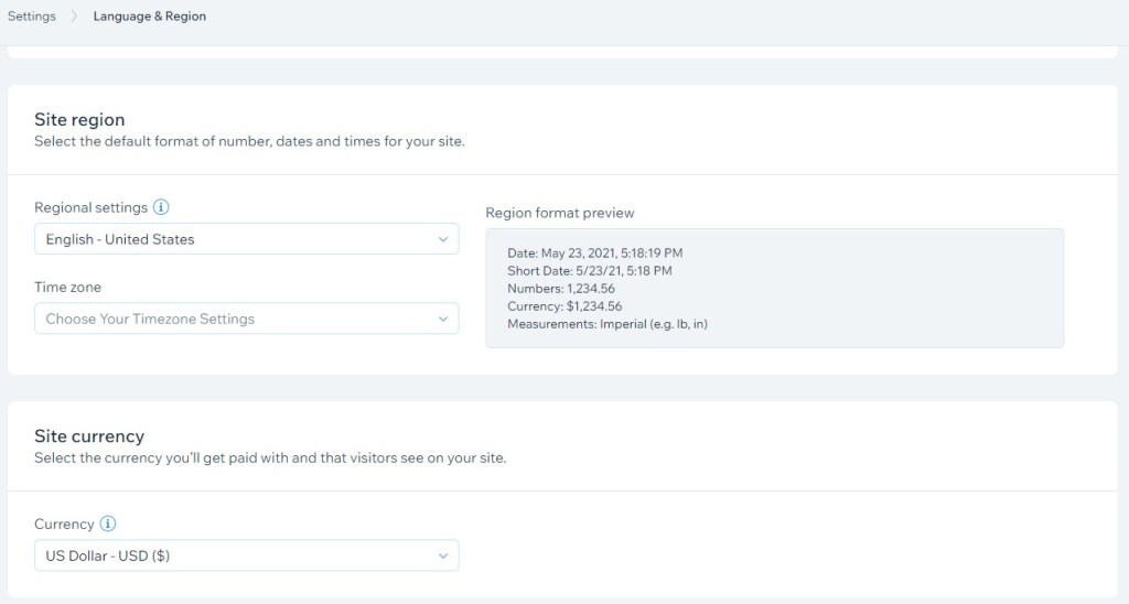 Wix language & region settings