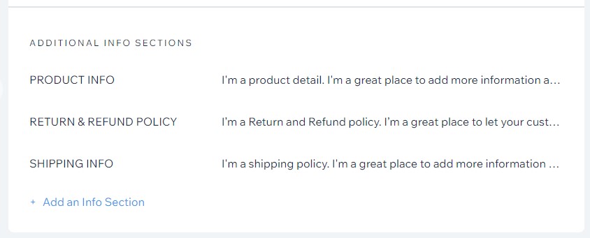 Wix product additional info sections