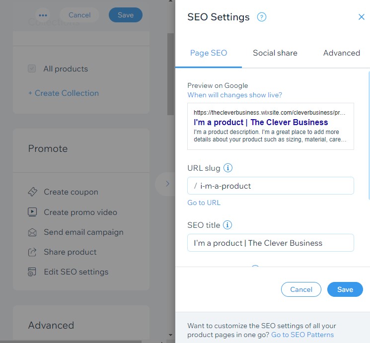 Wix product SEO settings