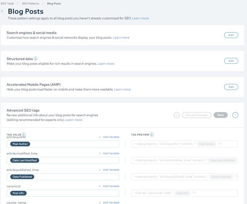 Wix SEO pattern settings