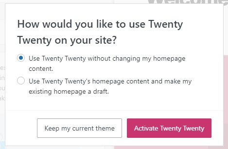 WordPress.com popup when activing a new theme 