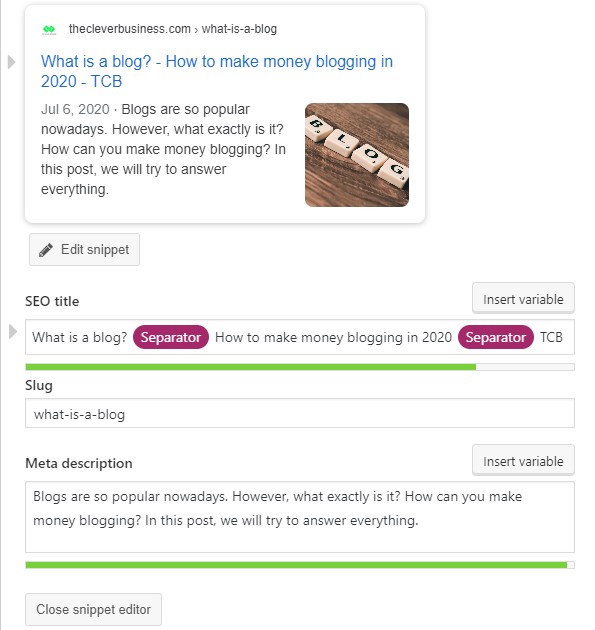 WordPress Yoast SEO snippet editor