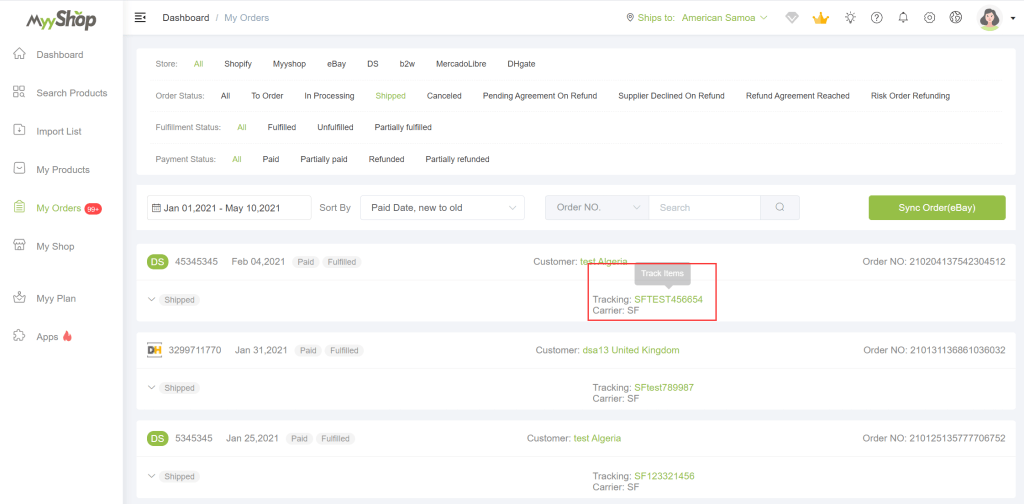 MyyShop order tracking number