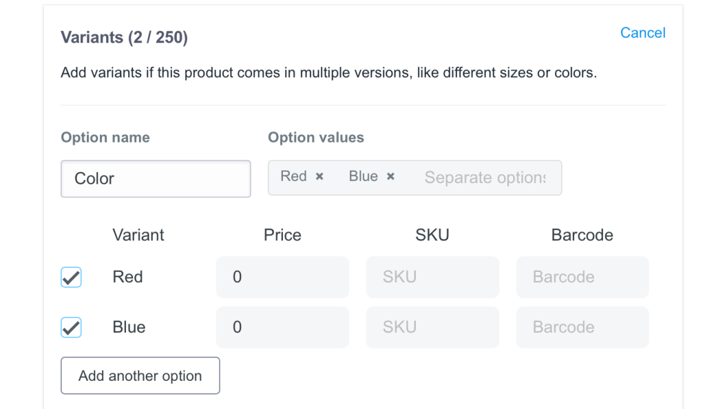 ShopBase product variants